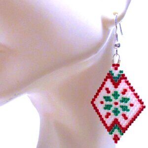 Handmade Beaded Christmas Poinsettia Dangle Earrings